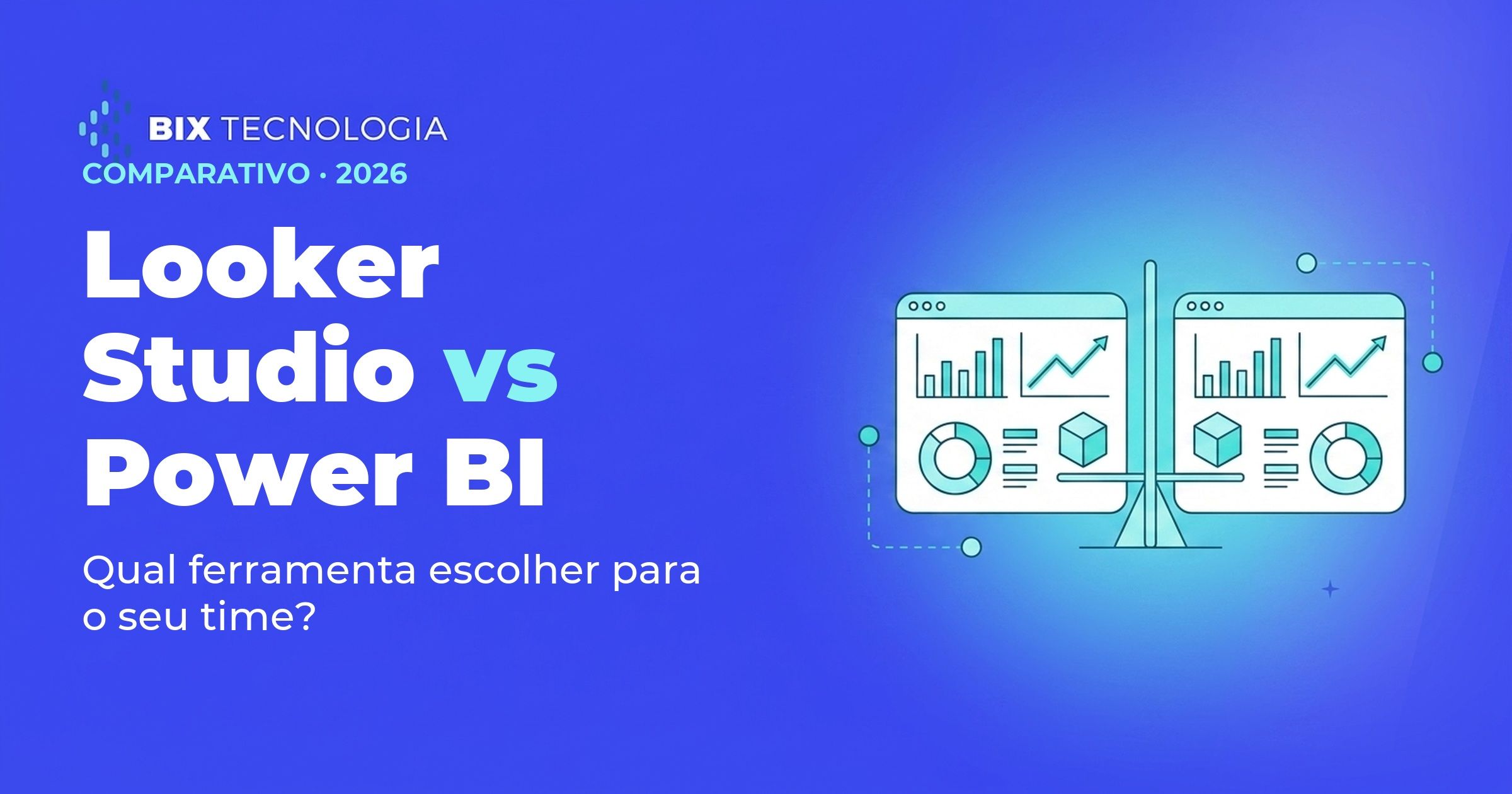 Ilustração de dois painéis de dashboards de BI equilibrados em uma balança, comparando Looker Studio vs Power BI