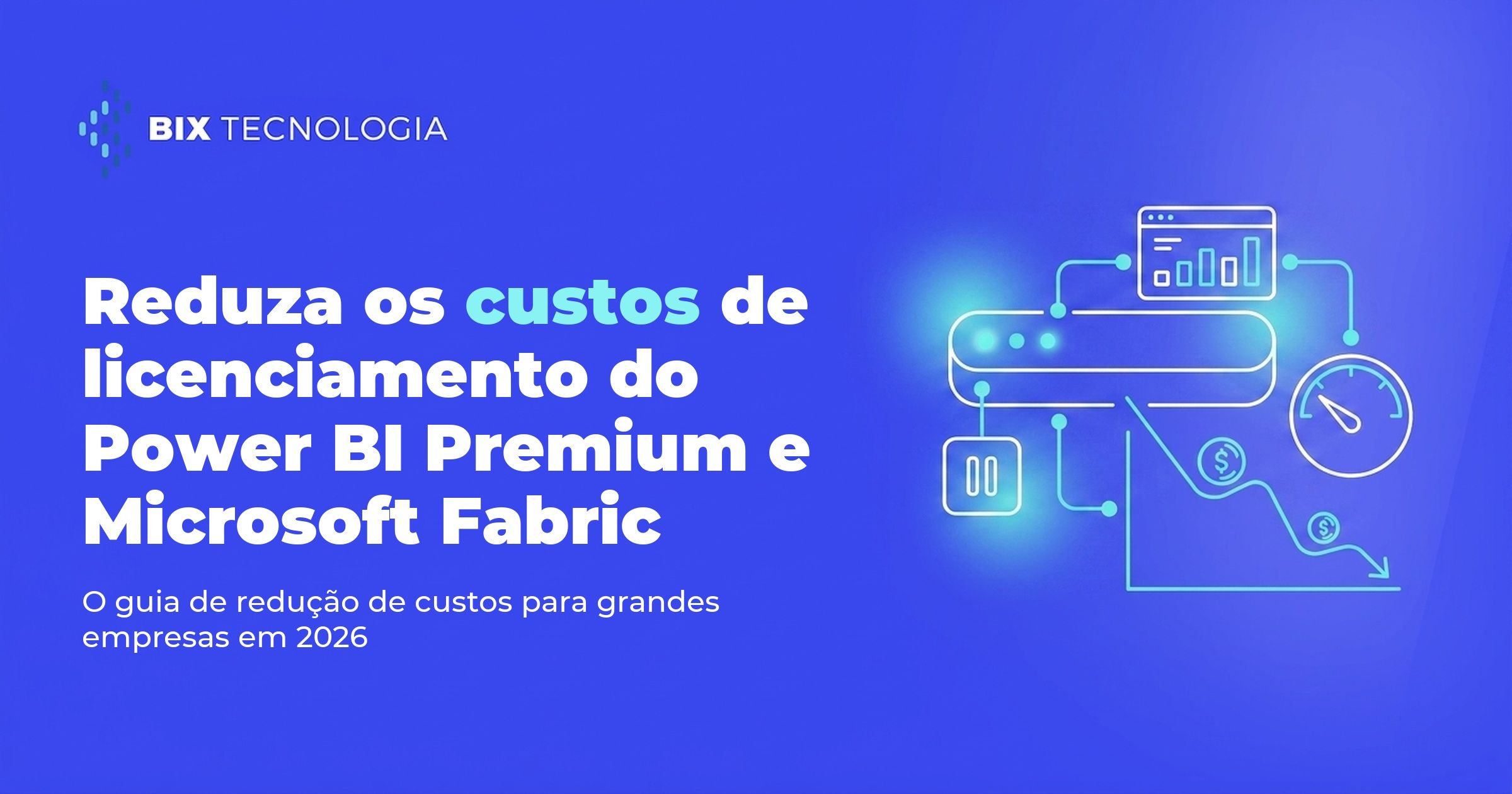 Ilustração de uma capacidade do Microsoft Fabric com curva de custo em queda, representando a redução de custos de licenciamento do Power BI Premium e Microsoft Fabric