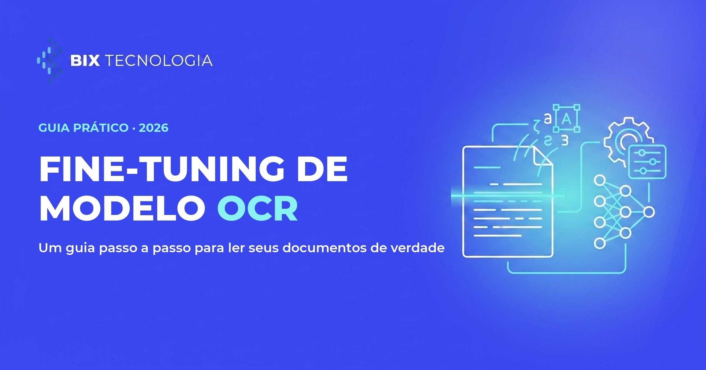 Ilustração line-art de um documento sendo convertido por um modelo OCR ajustado, com engrenagem e rede neural, sobre fundo azul da BIX Tecnologia
