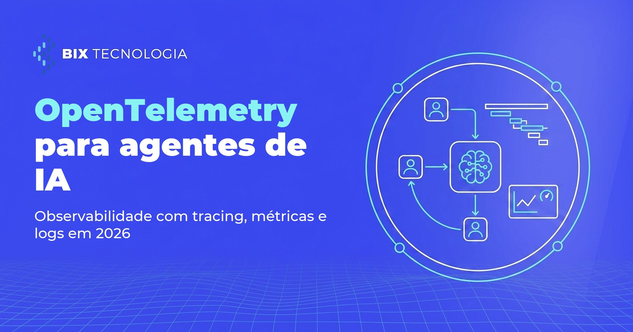Ilustração de um pipeline de agentes de IA monitorado com OpenTelemetry, mostrando rastros, métricas e logs