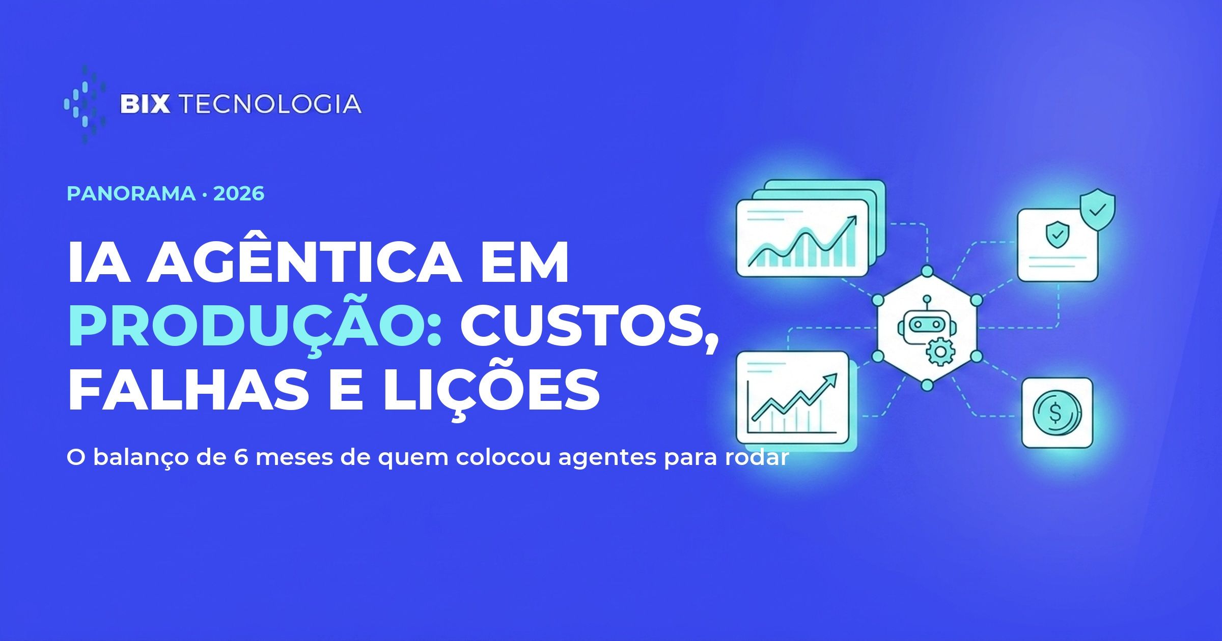 Ilustração de um agente de IA em produção conectado a painéis de observabilidade, governança e controle de custo