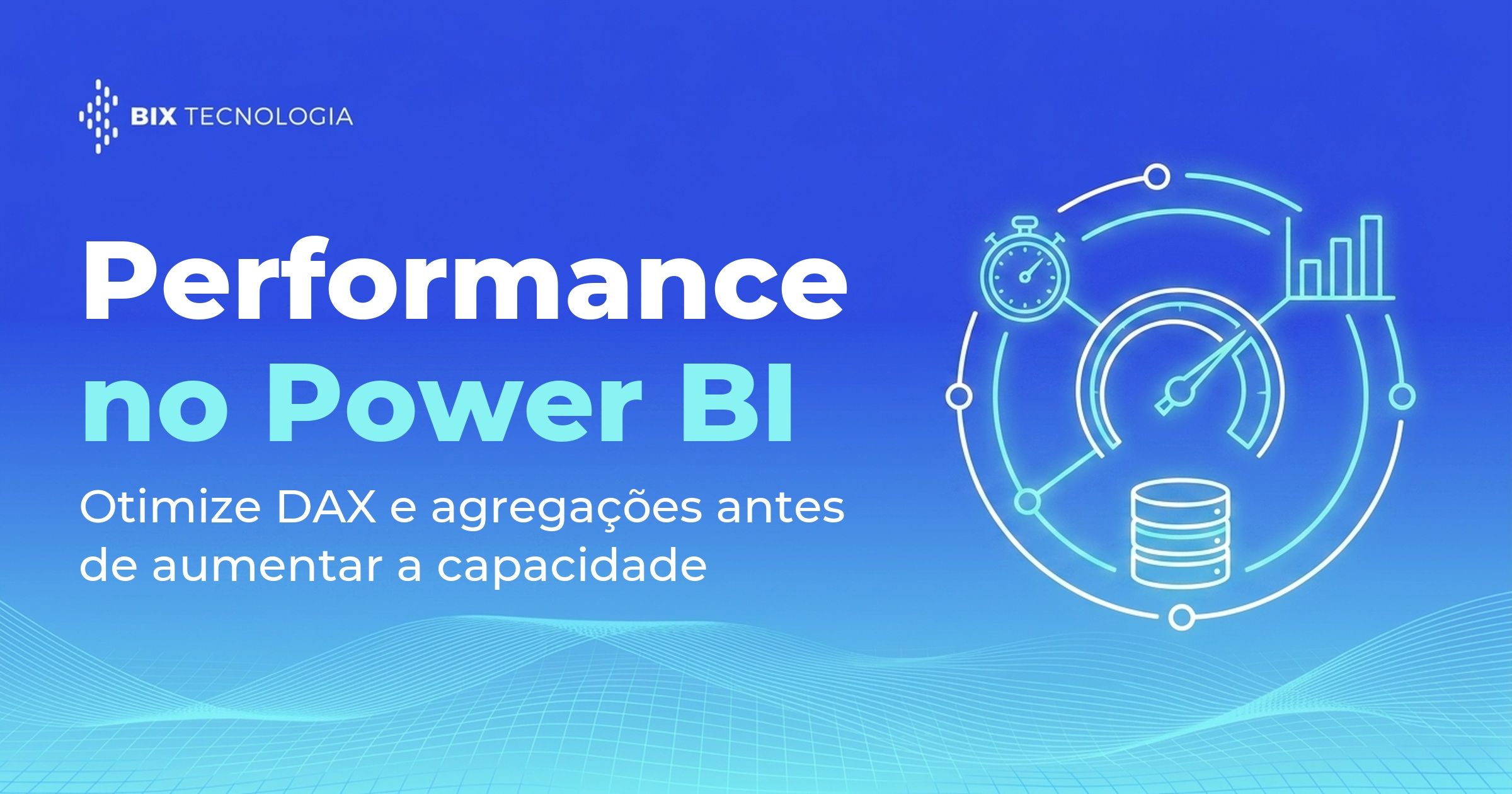 Ilustração line-art de um velocímetro, cronômetro, gráfico de barras e cilindro de banco de dados em órbita, representando a performance do Power BI