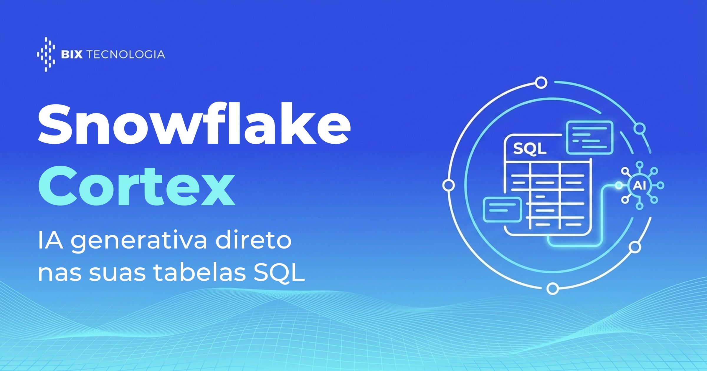 Ilustração de uma tabela SQL conectada a um núcleo de inteligência artificial, representando o Snowflake Cortex rodando IA generativa dentro das tabelas SQL