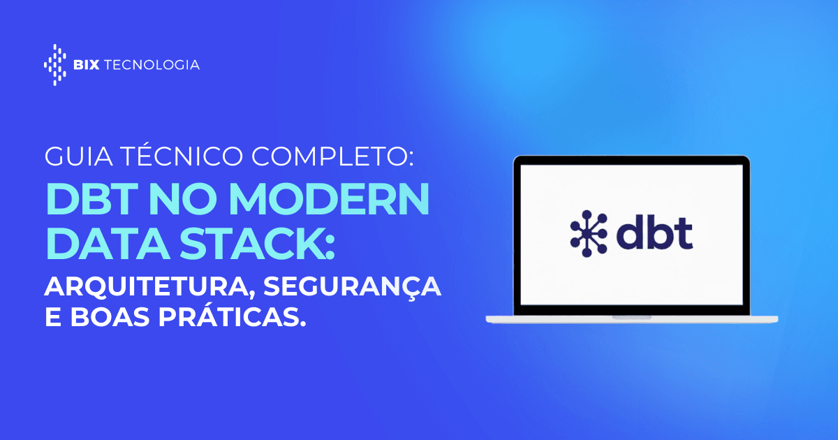 Mockup de um laptop aberto exibindo o logotipo do dbt na tela, posicionado sobre um fundo azul gradiente com a logomarca da BIX Tecnologia.